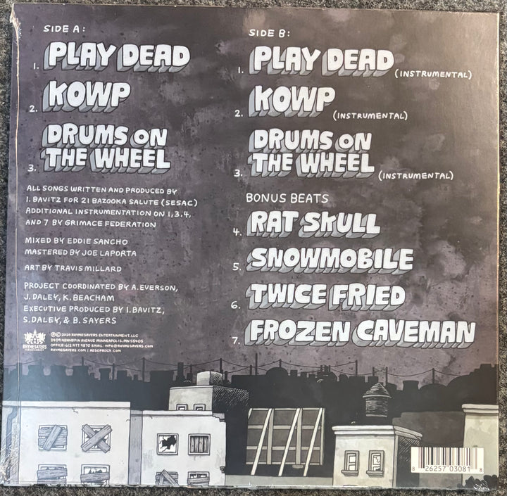 The back cover of Aesop Rock - Freedom Finger (Music from the Game, showing Side A and Side B track listings on a dark textured background with a city skyline and rooftops at the bottom.