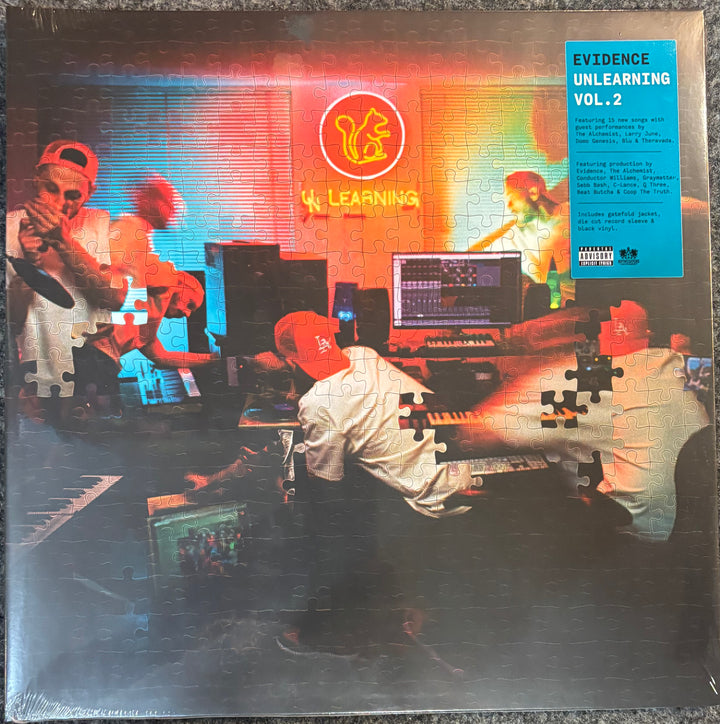 Evidence Unlearning Vol. 2 vinyl record cover with a large jigsaw puzzle graphic covering the artwork, plus a bright blue album info sticker on the top right.