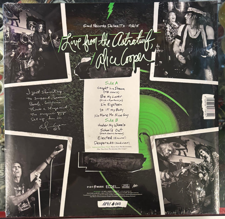 ALICE COOPER - Live From The Astroturf record cover with black and white photos of a musician, tracklist, and green disc.
