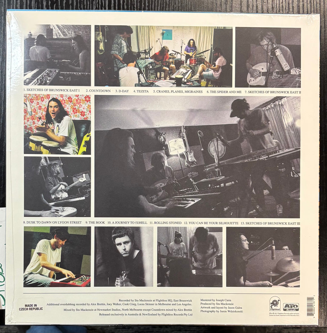 Collage of a band performing and recording on a vinyl record cover