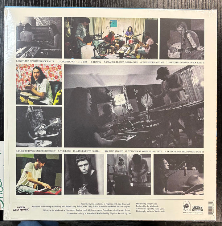 Collage of a band performing and recording on a vinyl record cover