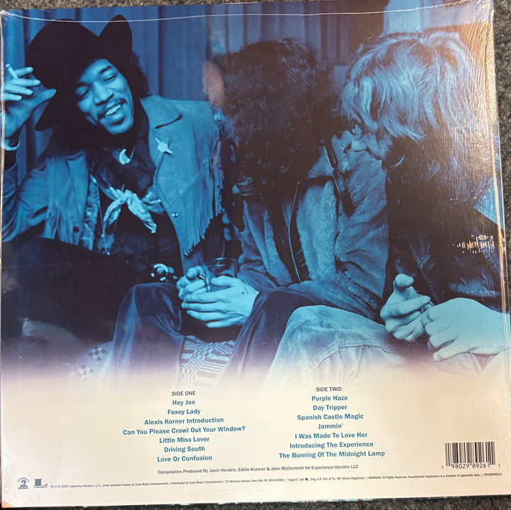 The Jimi Hendrix Experience - Bbc Sessions cover with three people sitting together, featuring text on a dark background.