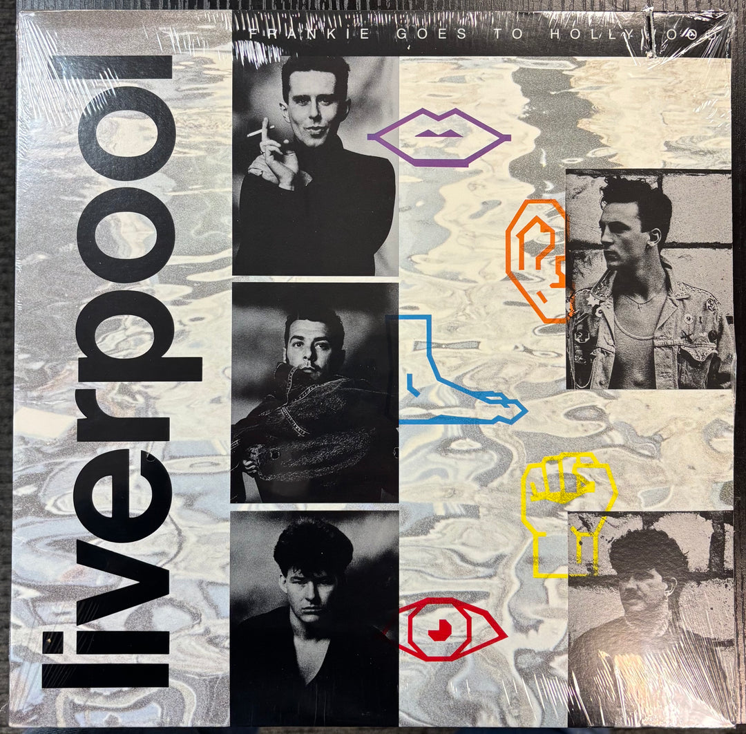 FRANKIE GOES TO HOLLYWOOD - Liverpool vinyl cover Collage with black and white portraits and colorful geometric shapes on a textured background