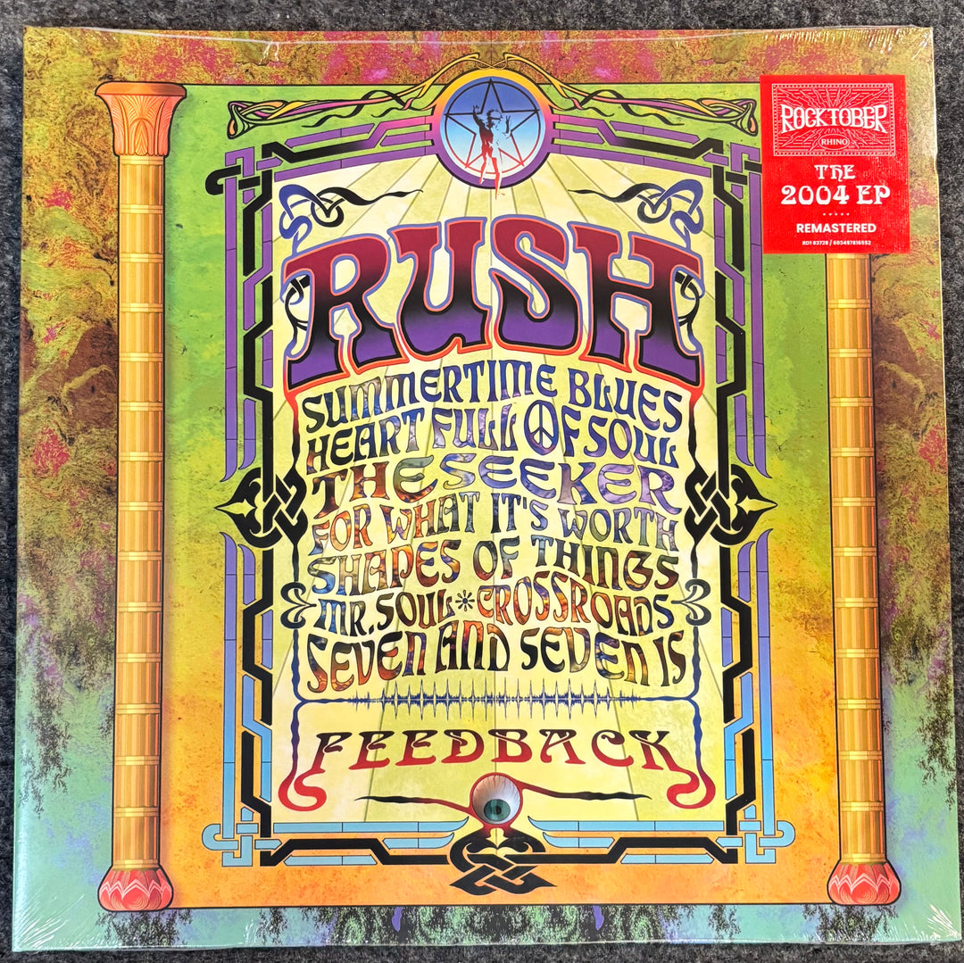 Album cover for RUSH - FEEDBACK with colorful text and design elements.