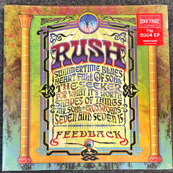 Album cover for RUSH - FEEDBACK with colorful text and design elements.