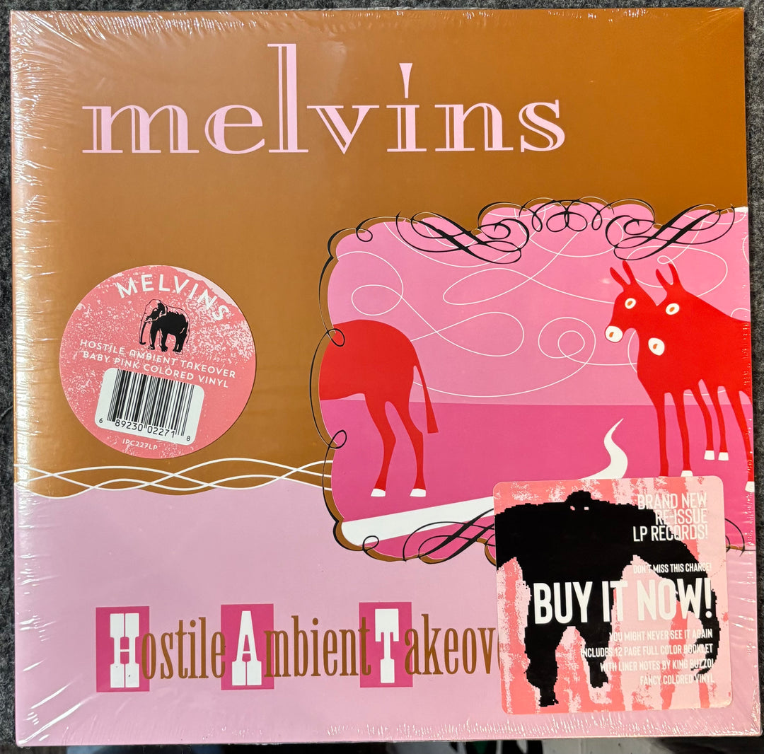 Vinyl record packaging for 'melvins Hostile Ambien Takeover' with pink and brown design.