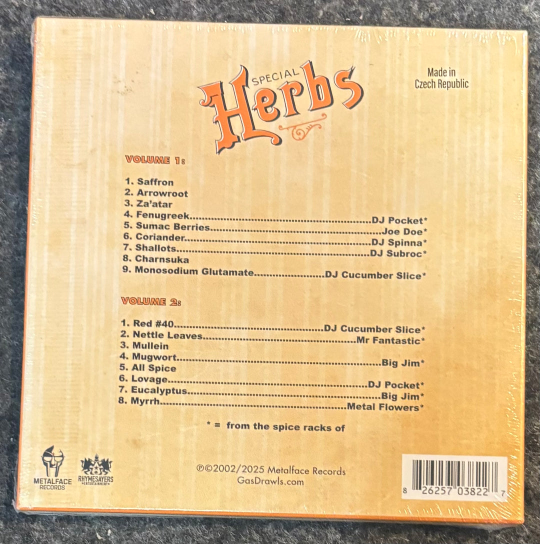 Metal Fingers (MF DOOM) - Special Herbs Vol. 1 & 2, featuring track listings for volumes 1 and 2 on a light wood-grain background with orange stylized text.