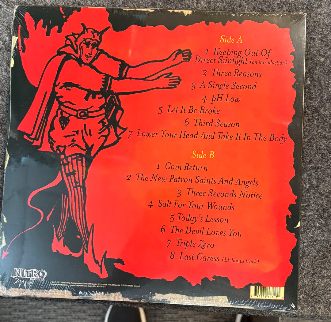 A.F.I. – SHUT YOUR MOUTH AND OPEN YOUR EYES record sleeve with album tracklist and illustration of a figure on a red and black background