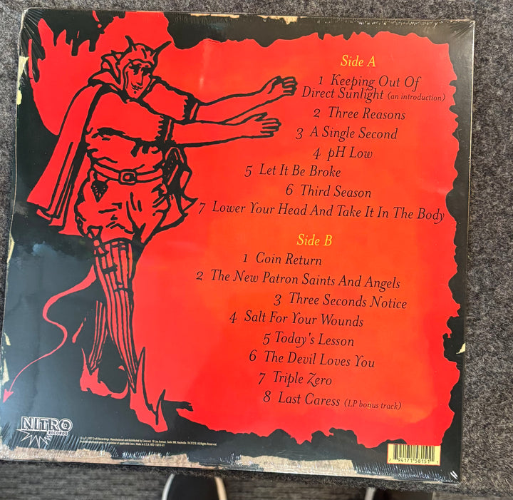 A.F.I. – SHUT YOUR MOUTH AND OPEN YOUR EYES record sleeve with album tracklist and illustration of a figure on a red and black background