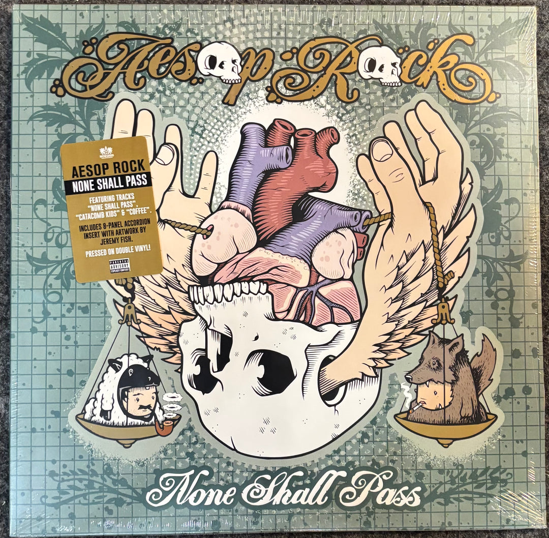 Aesop Rock 'None Shall Pass' vinyl record cover, showing a surreal illustration of a skull with anatomical hearts, hands, and small figures in baskets, with the band name and title in stylized lettering.