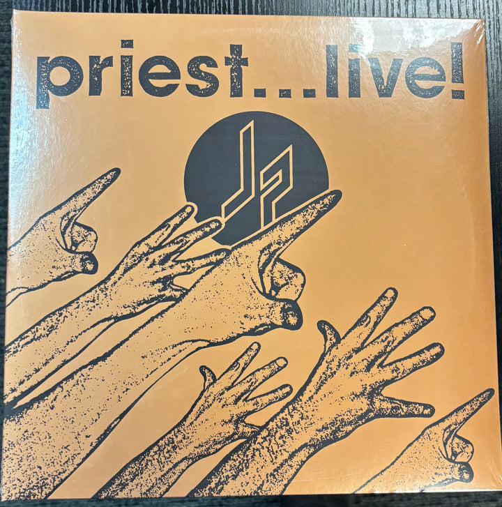 Judas Priest ‎– Priest...Live record cover with hands reaching towards a logo on a beige background