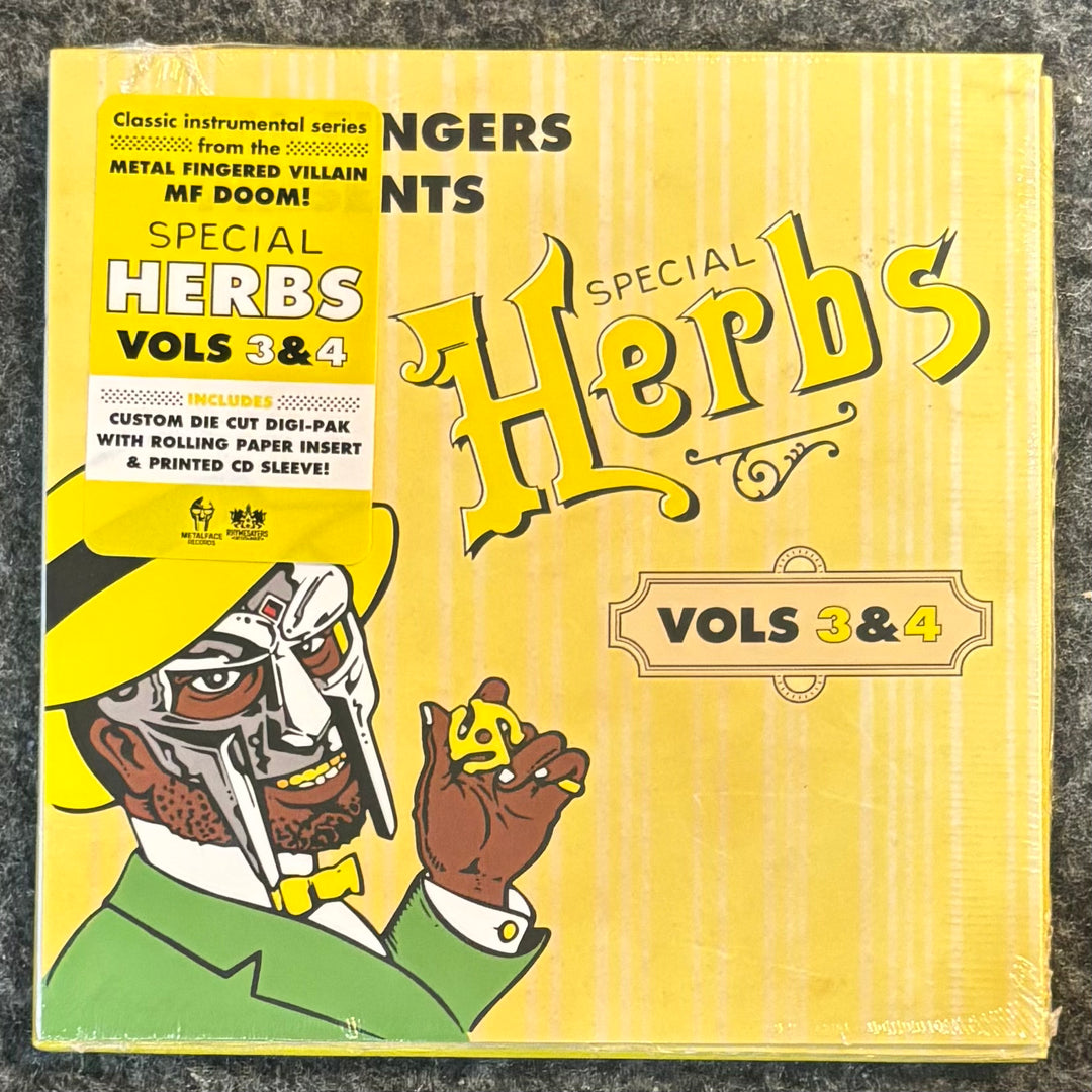 Special Herbs Vols 3 & 4 CD cover by Nings, featuring a bright yellow background with bold stylized text and an illustrated character in a yellow hat and green suit.