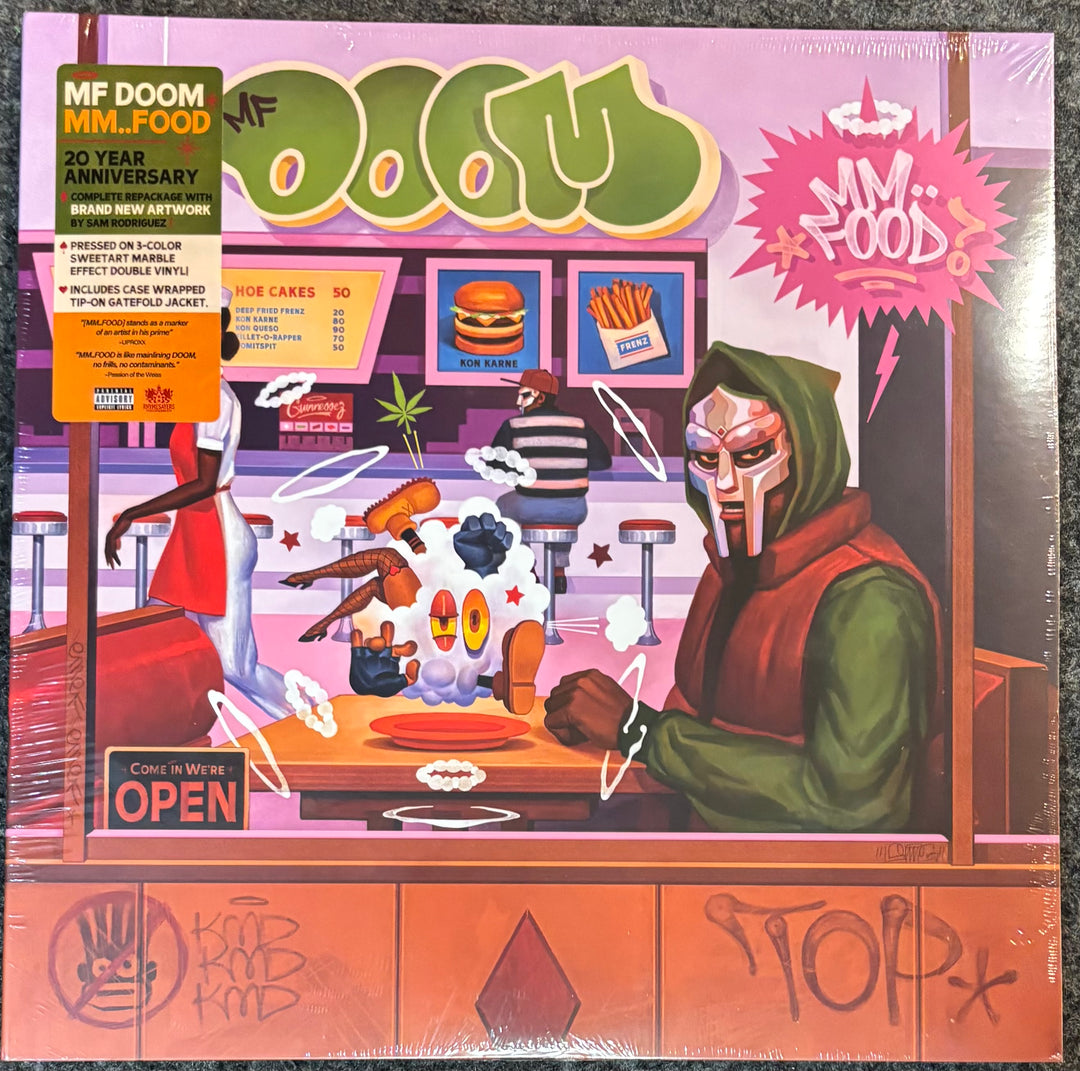 MF Doom 'MM.Food' 20th Anniversary vinyl record album in its original shrink wrap, featuring a colorful retro diner illustration with a masked figure in the foreground.