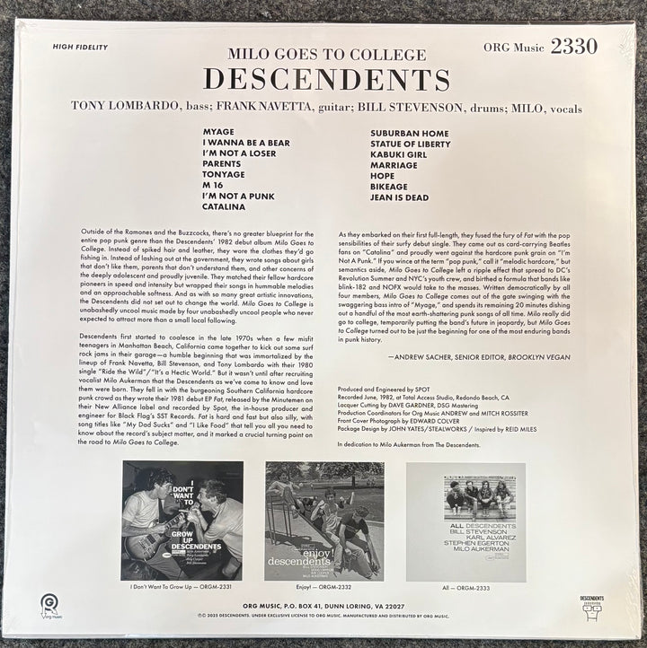 The back cover of a vinyl record sleeve for the band Descendents, featuring tracklist text, liner notes, and small album artwork photos on a white background.