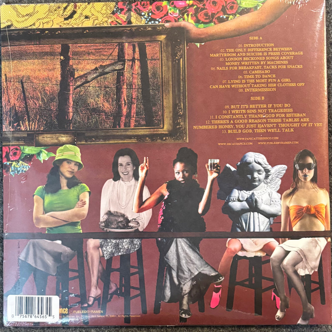 The back cover of Panic! At The Disco - A Fever You Can't Sweat Out  The artwork depicts five women sitting on stools in a stylized, retro collage layout with a reddish-brown background, a window scene, and a barcode in the bottom-left corner.