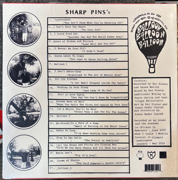 The back cover of Sharp Pins ‎– Balloon Balloon Balloon. The beige cardboard backing displays the tracklist, credits, and barcode, alongside circular black-and-white illustrations of people holding balloons.