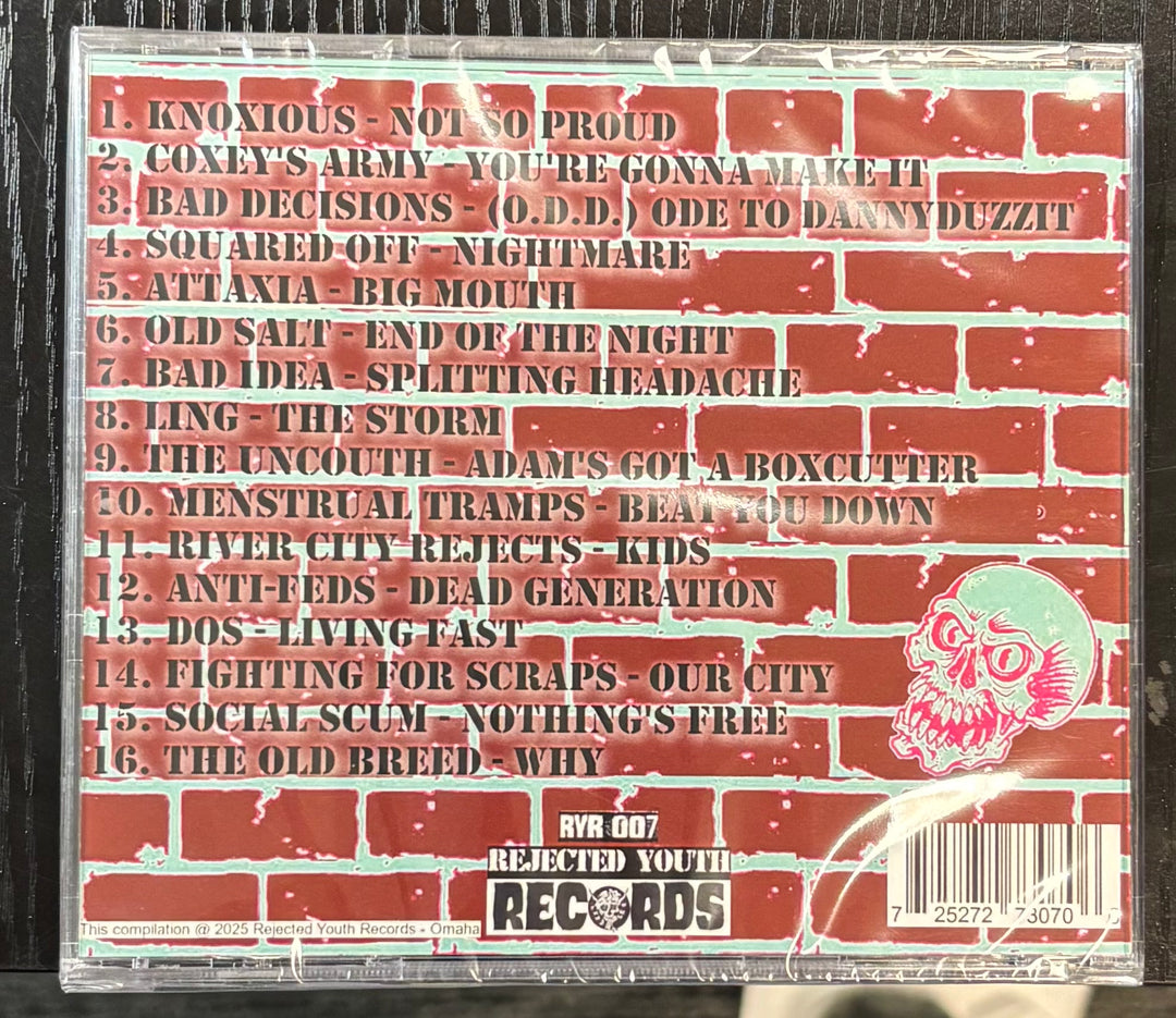 Back cover of a No Coast: Punk Compilation by Midwest Punx & Skins with tracklist and 'Rejected Youth Records' branding.