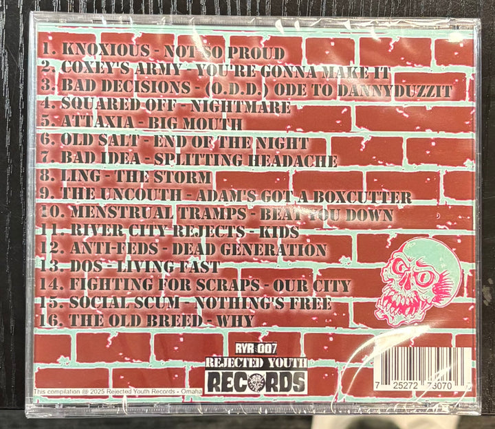 Back cover of a No Coast: Punk Compilation by Midwest Punx & Skins with tracklist and 'Rejected Youth Records' branding.