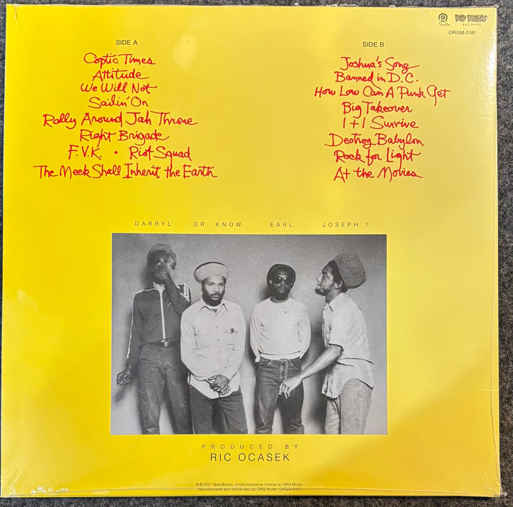 Bad Brains - Rock For Light with yellow background, black and white photo of four people, and red text listing track names.