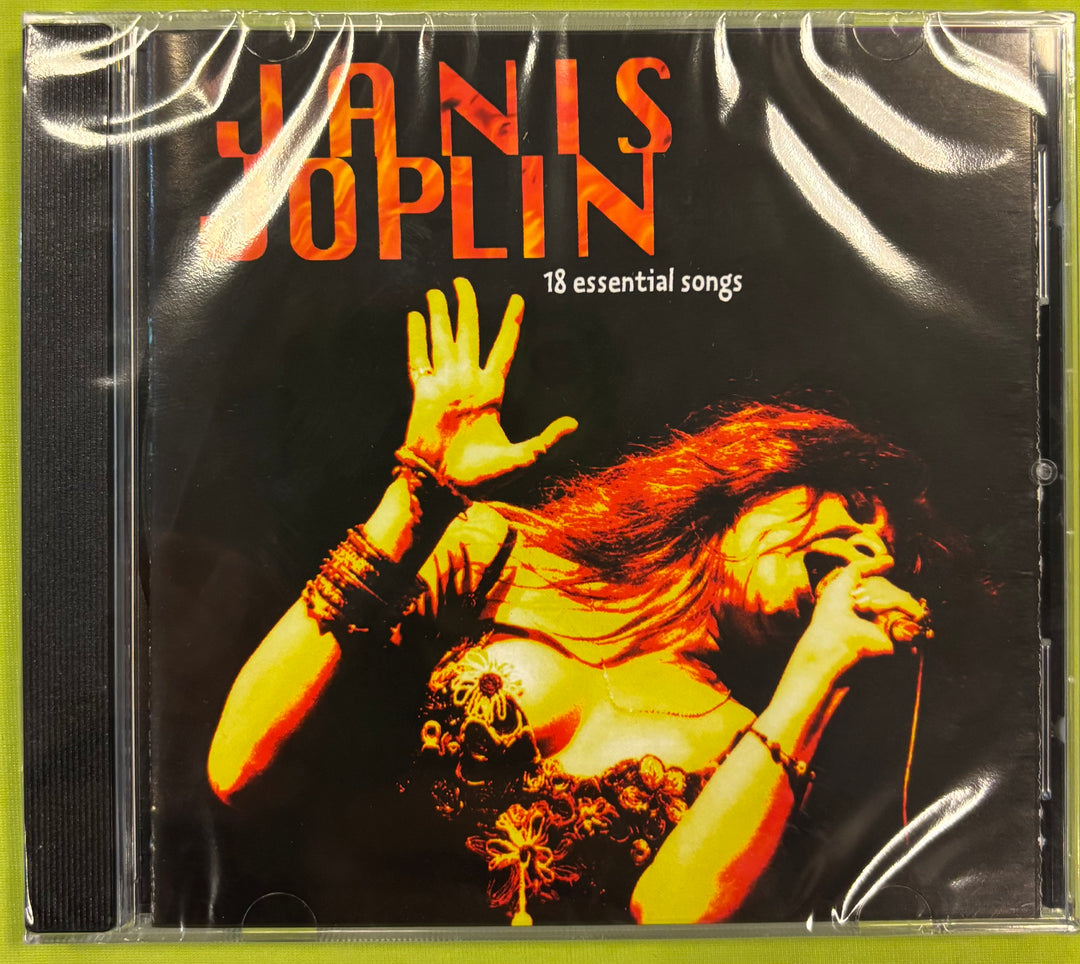 CD cover of Janis Joplin's '18 essential songs' with photo of Janis Joplin singing.