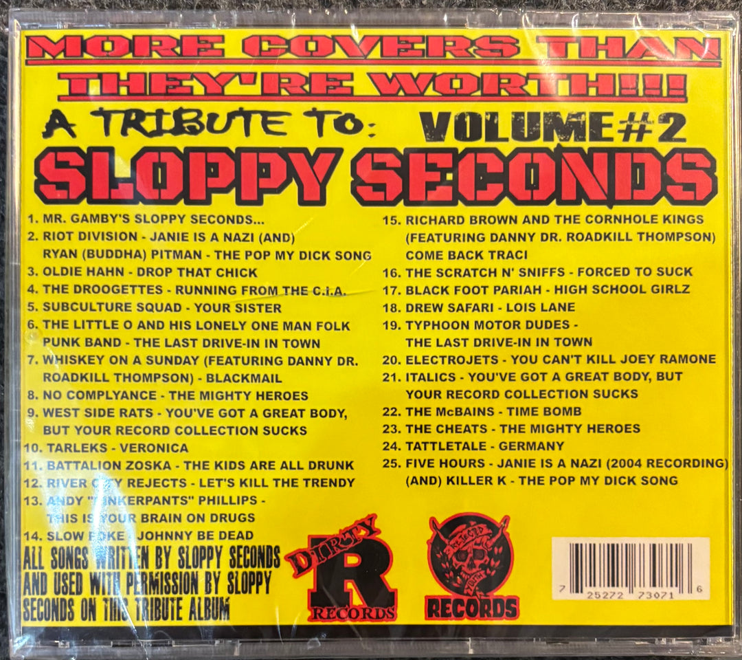 Back cover of a music album titled 'Sloppy Seconds Volume #2' with tracklist and branding.