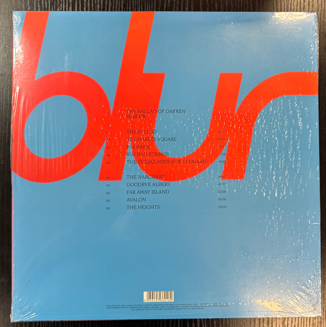 'The Ballad of Darren' by Blur vinyl record cover with red text on a blue background