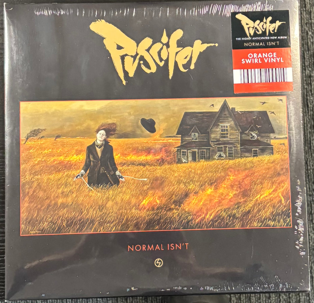 PUSCIFER ‎– NORMAL ISN'T record packaging for 'Passifer' with a person in a field and house illustration.