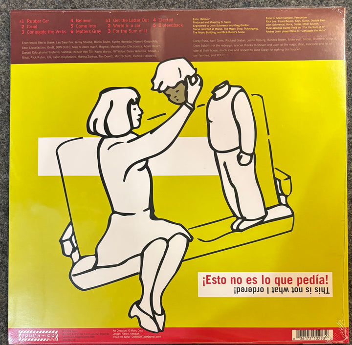 Vinyl record sleeve for Enon ‎– Believo!', featuring a bright yellow background with a black-and-white line drawing of a woman sitting on a chair and holding a man's head. The top section is dark red with tracklist text, and the bottom has a red band with barcode.
