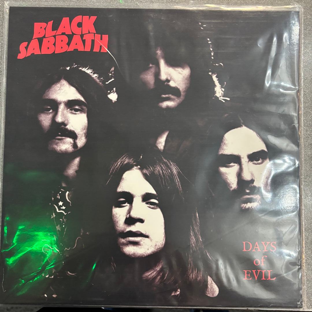 BLACK SABBATH - DAYS OF EVIL album cover with band members' faces and 'Days of Evil' text.