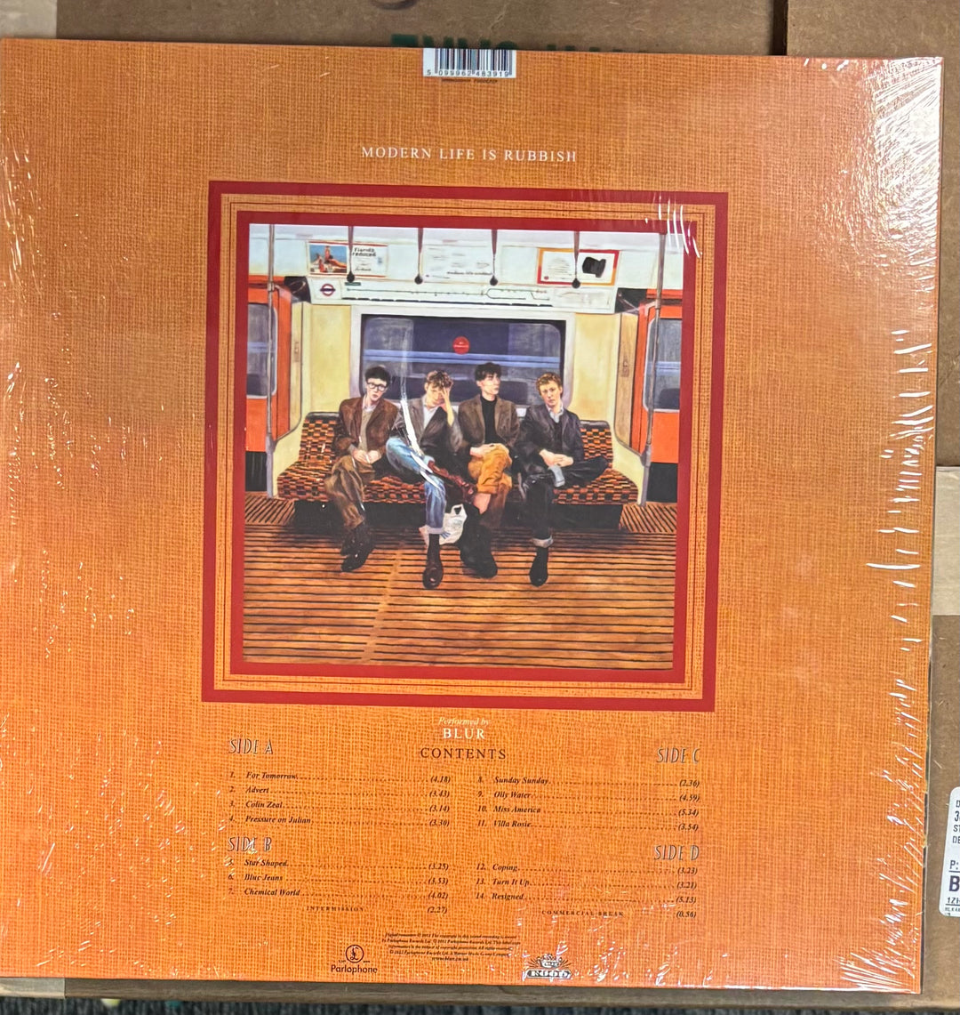 BLUR - Modern Life Is Rubbish Vinyl record cover with illustration of people on a train and text details