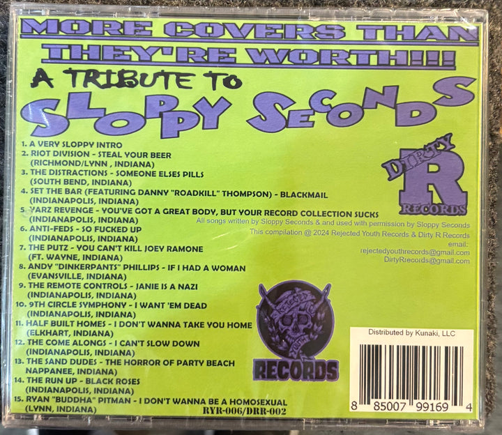 Back cover of a More Covers Than They're Worth: A Tribute To Sloppy Seconds with tracklist and branding.