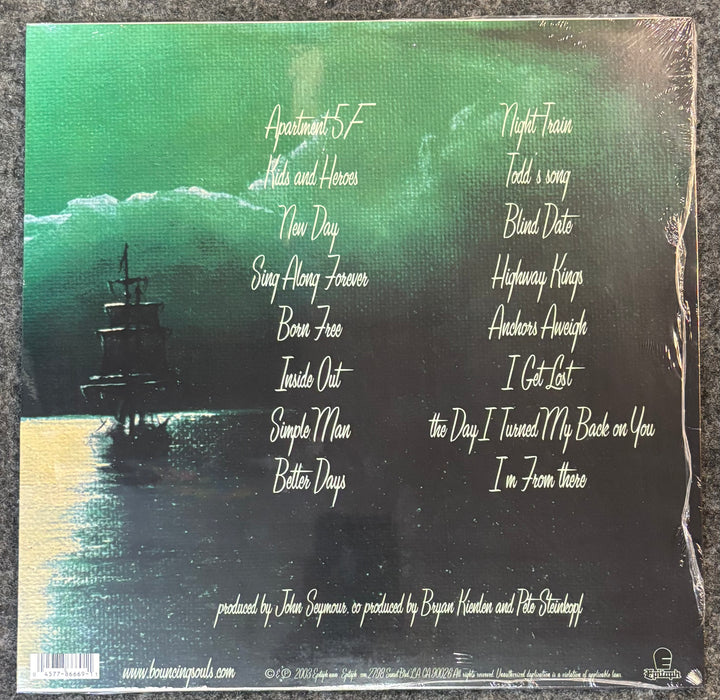 BOUNCING SOULS - ANCHORS AWEIGH cover with ship silhouette and list of song titles on a green and black gradient background