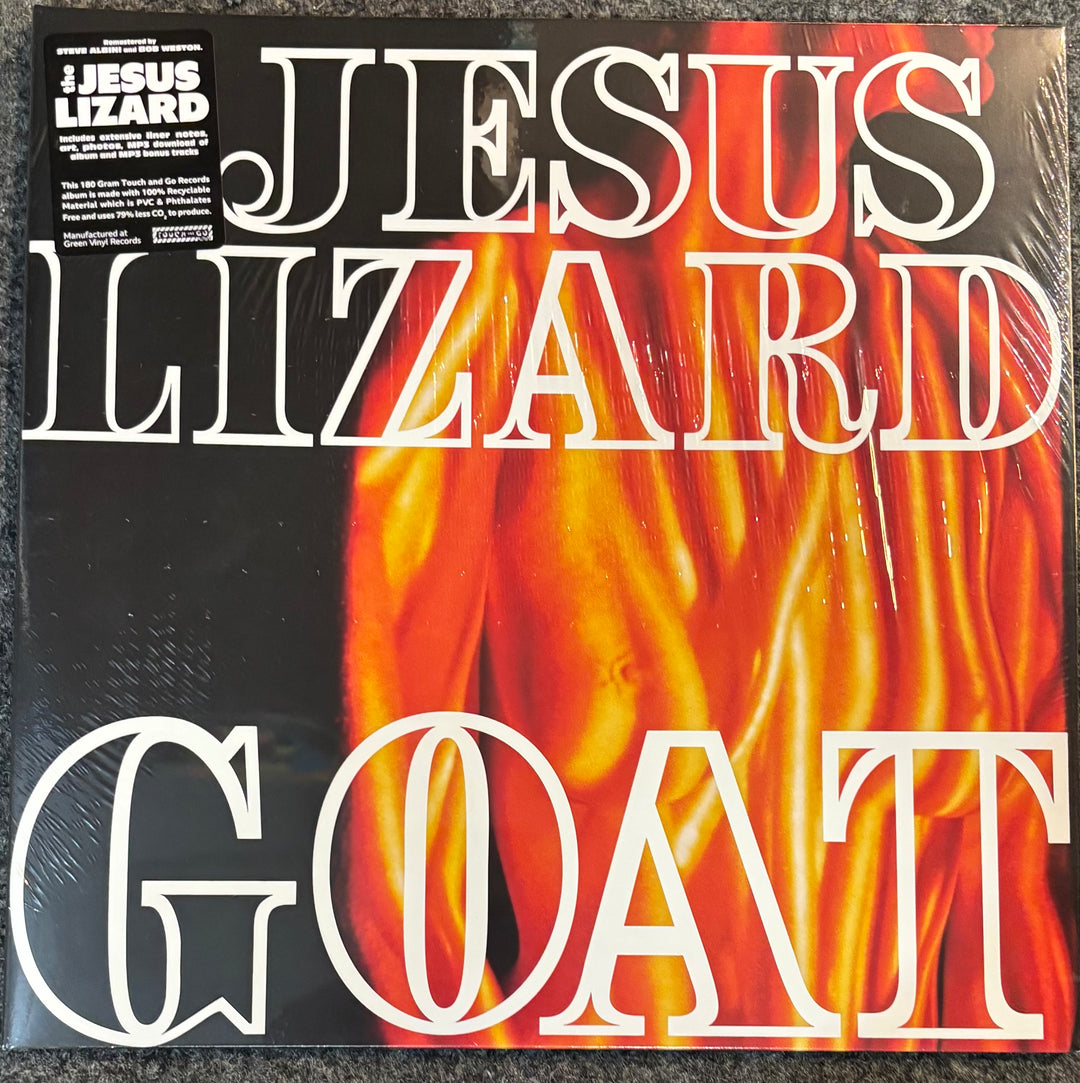 Jesus Lizard - Goat vinyl record album cover, still sealed in its plastic shrink wrap, photographed flat on a dark textured surface.