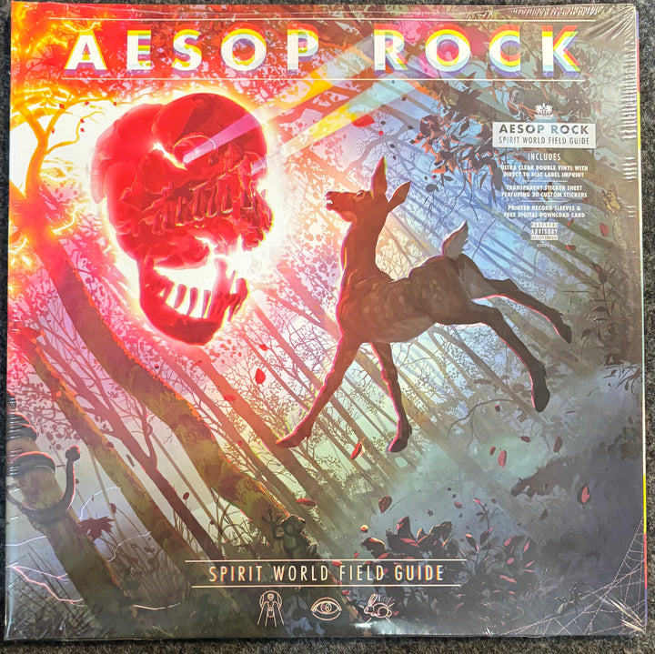 AESOP ROCK 'Spirit World Field Guide' vinyl record sleeve, sealed in plastic shrink wrap, featuring a glowing red skull and a deer in a forest scene.