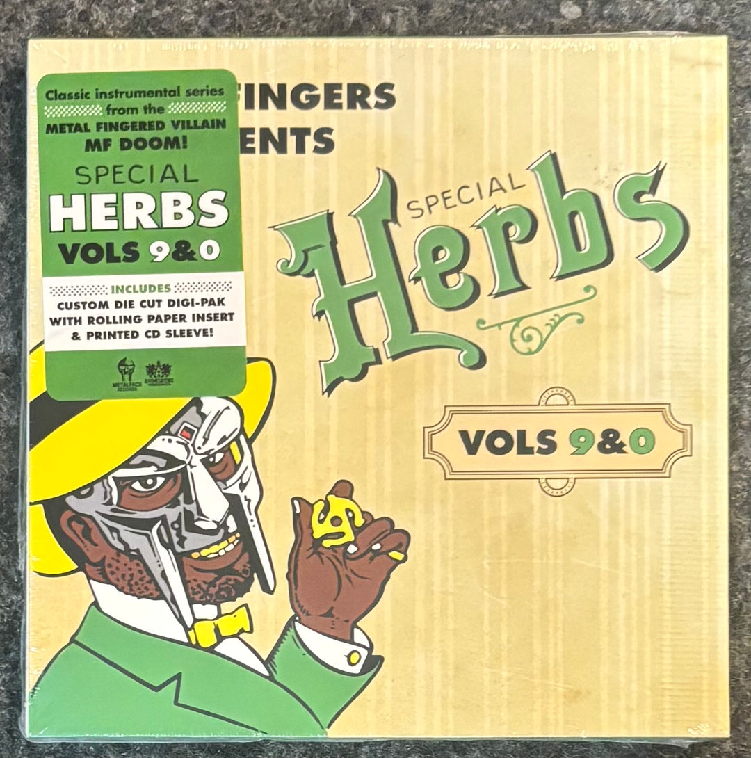 Metal Fingers (MF DOOM) - Special Herbs Vol. 9 & 0, featuring a vintage-style illustrated figure in green and yellow on a beige background with a green product sticker on the left.