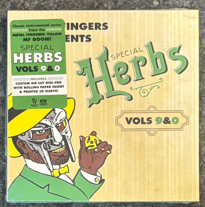 Metal Fingers (MF DOOM) - Special Herbs Vol. 9 & 0, featuring a vintage-style illustrated figure in green and yellow on a beige background with a green product sticker on the left.