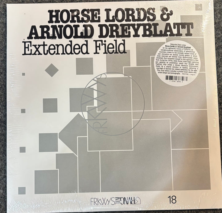 Vinyl record sleeve for Horse Lords & Arnold Dreyblatt's 'Extended Field', featuring a minimalist geometric design in gray and black on a warm off-white background, sealed in shrink wrap.