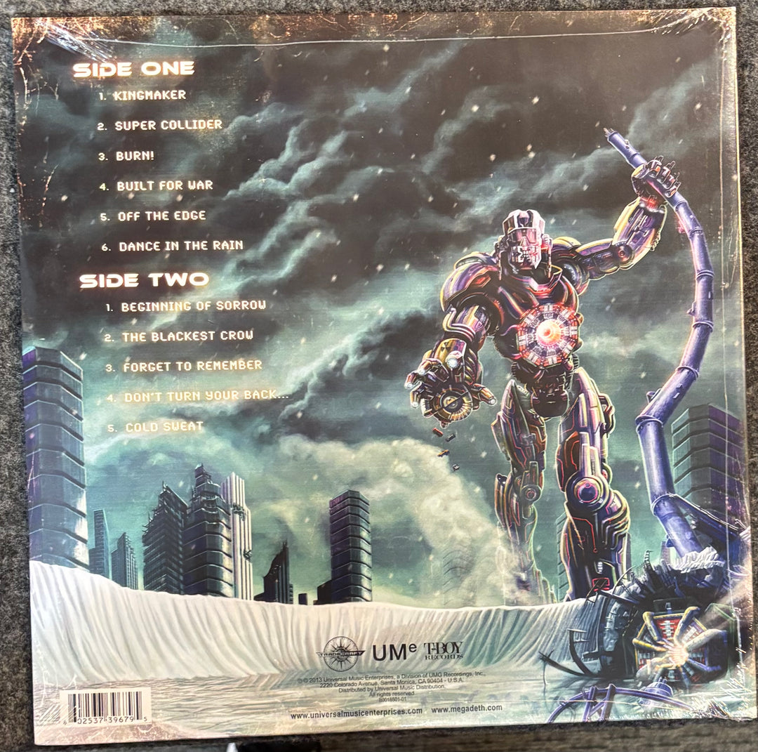 MEGADETH – Super Collider record sleeve with robot illustration and track list against a cityscape background