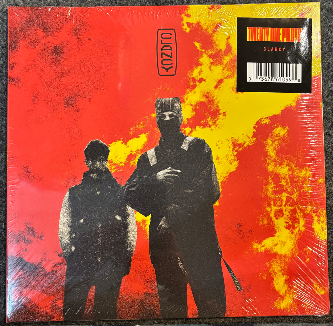 TWENTY ONE PILOTS – Clancy record cover with two figures against a red and yellow background