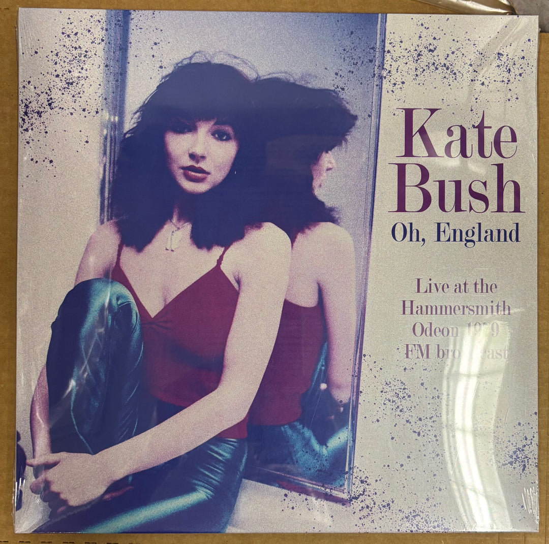 Vinyl record cover featuring a woman sitting on a stool with text 'Kate Bush Oh, England Live at the Hammersmith Odeon 1979'.
