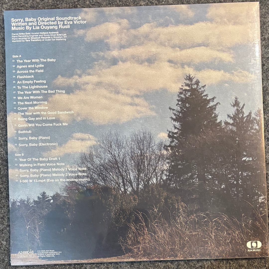 The back cover of a vinyl record for 'Sorry, Baby Original Soundtrack', featuring a landscape photograph of a forest at dusk with a cloudy sky. The tracklist is printed on the left side, and the SONY logo is visible in the bottom right corner.