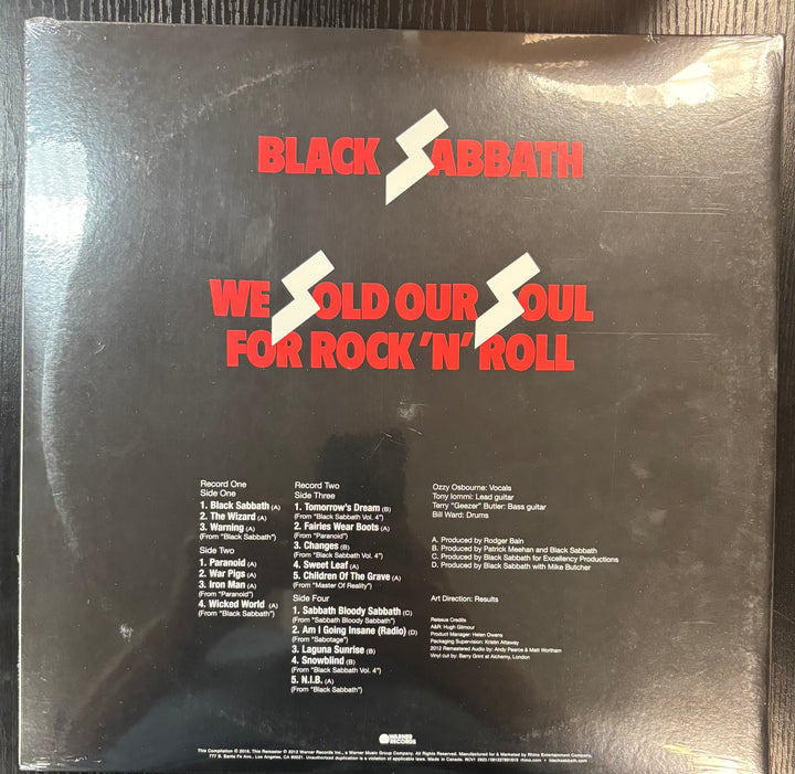 Back cover of Black Sabbath album 'We Sold Our Soul for Rock 'n' Roll' with text and logo.