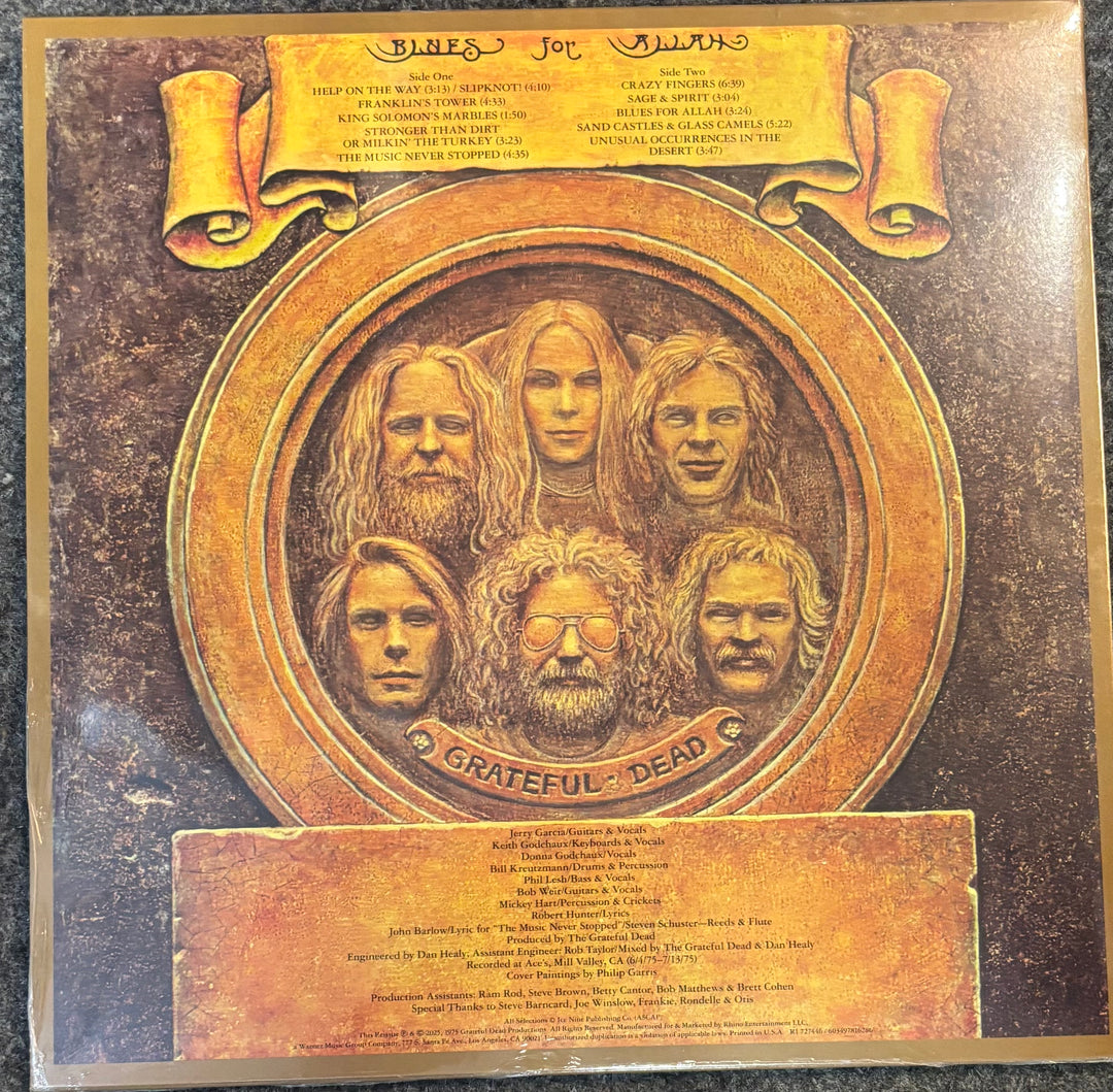 Album cover of 'Blues for Allah' by Grateful Dead with embossed images of band members.