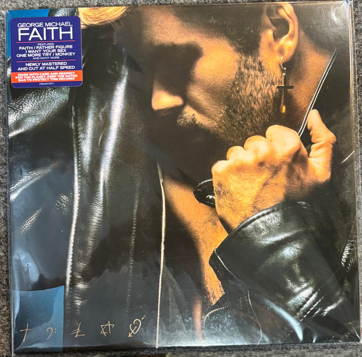 Album cover of 'Faith' by George Michael with a close-up of a person wearing a leather jacket.