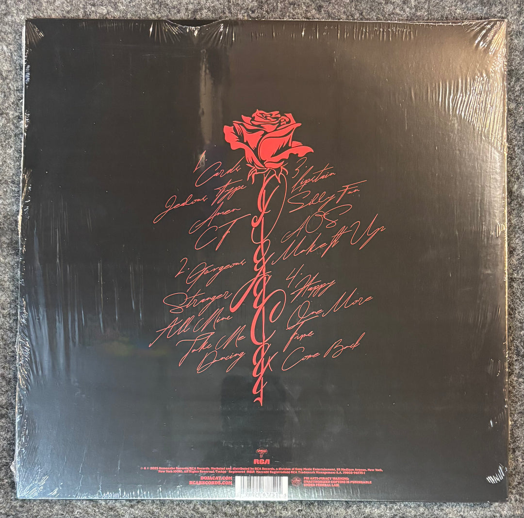 DOJA CAT - VIE Vinyl record with a red rose design and text on a black background