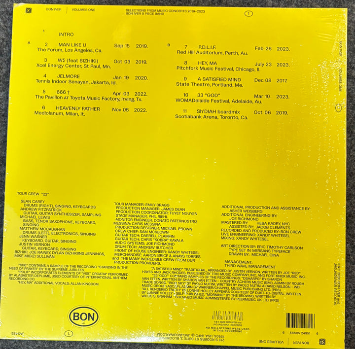 Back cover of Bon Iver - Volumes: One with tracklist and production credits on a yellow background