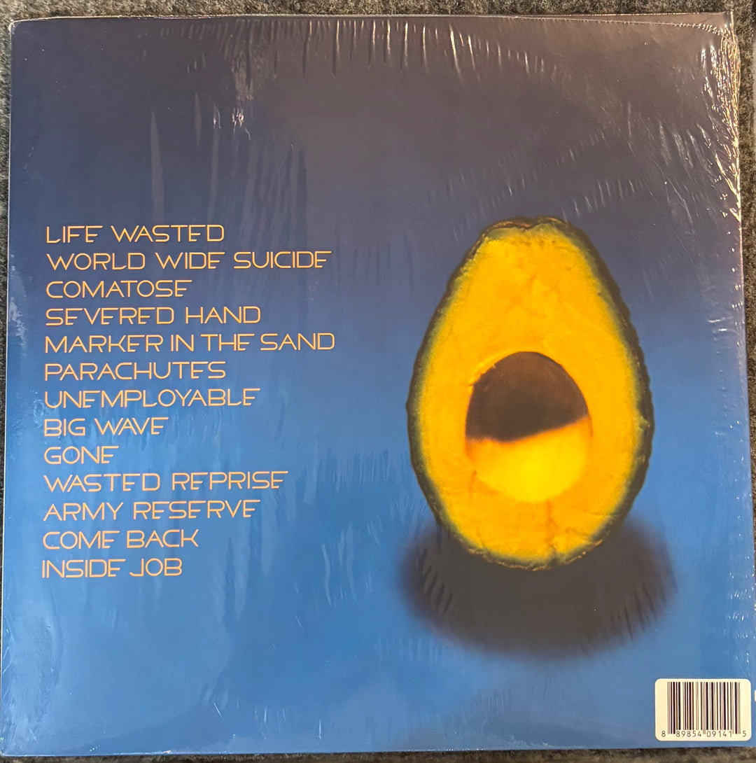 Pearl Jam – Pearl Jam cover with half-cut avocado and album track list on a blue background