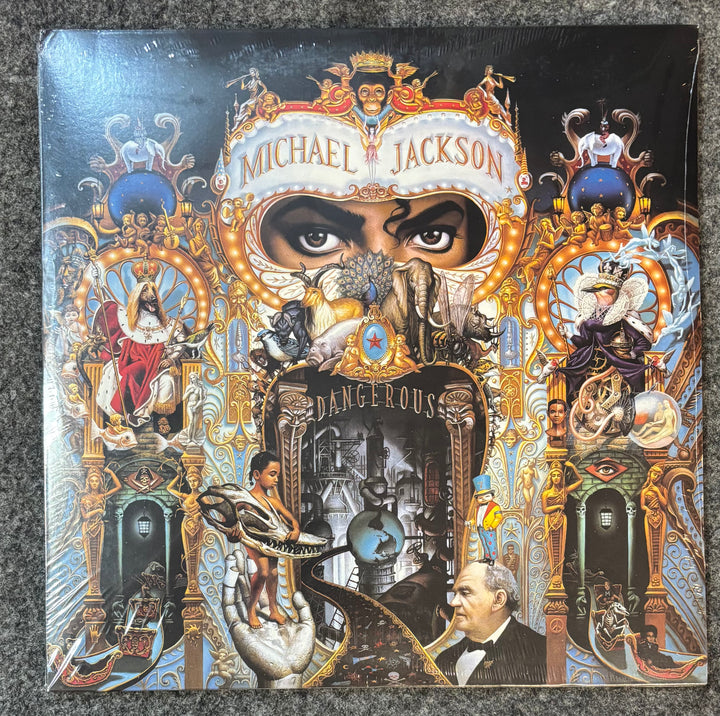 Decorative cover of Michael Jackson's 'Dangerous' album with intricate designs and images.