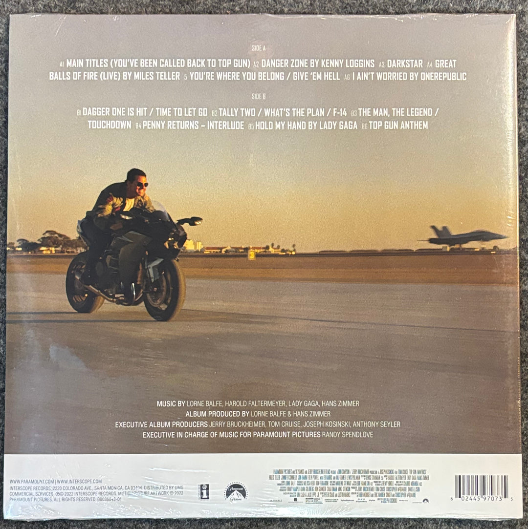 The back cover of Top Gun: Maverick, featuring a motorcycle scene from the album artwork on a gray background.