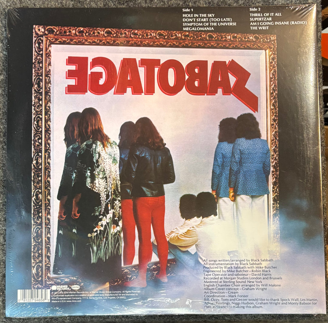 Black Sabbath – Sabotage record cover with a group of people and the title 'Sabotage' in red.